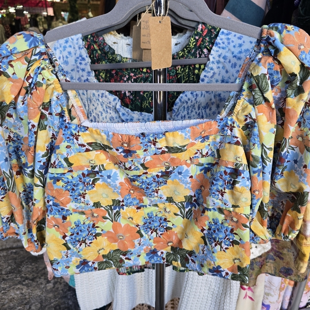 Abercrombie And Fitch Floral Cropped Top With Balloon Sleeves, Womens M